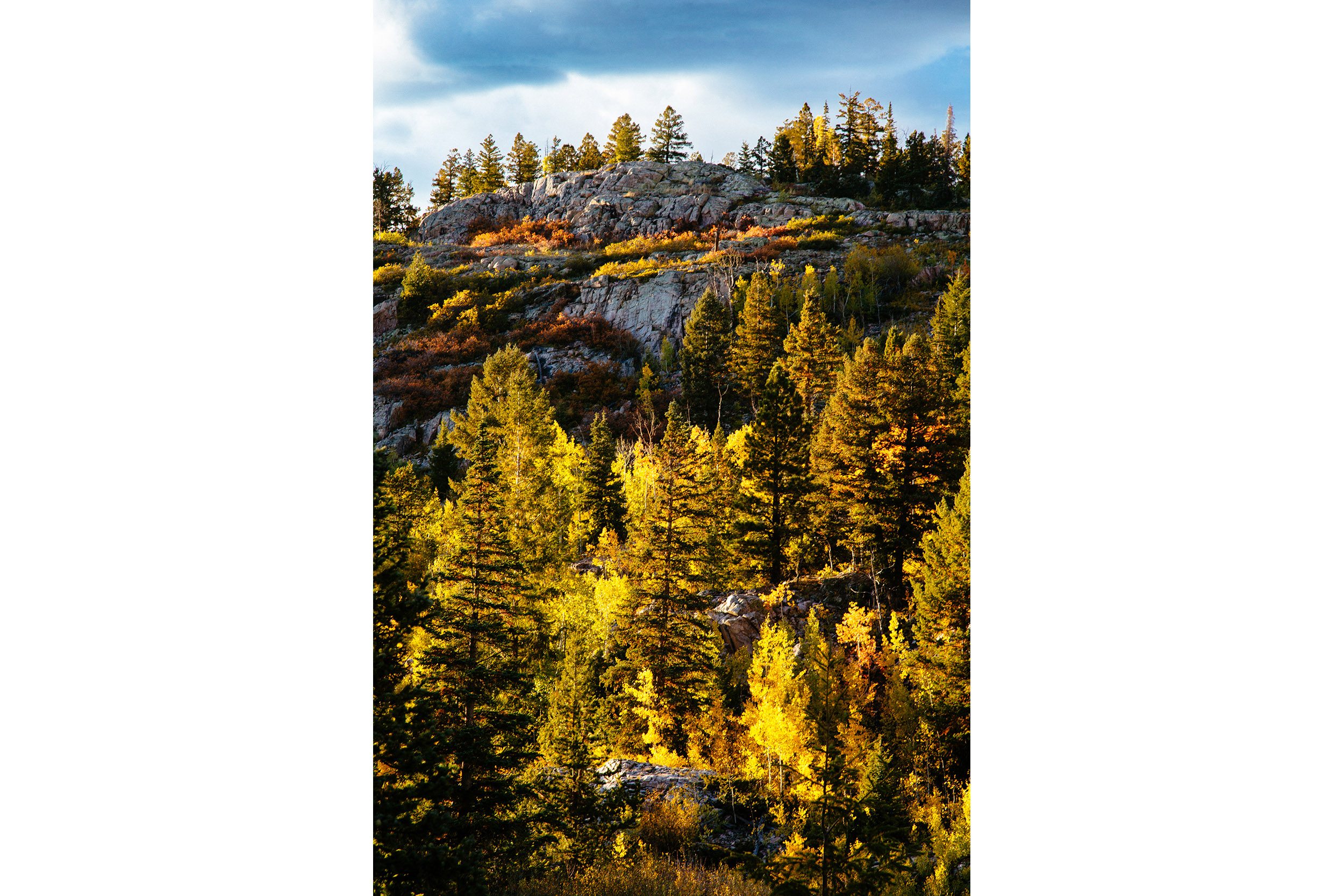 High rock formations give way to fall foliage in the Rocky Mountains